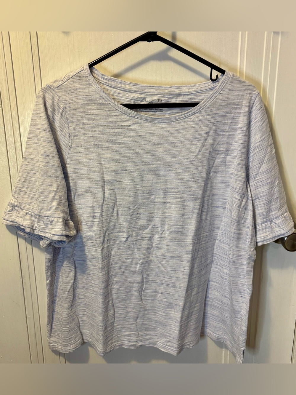 Talbots Light Blue Heathered Short Sleeve Crewneck Tee Ruffle Sleeve